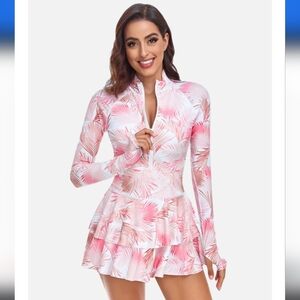 UNIQUEBELLA | Women's Pink/White Palm Long Sleeved Skirted One Piece Swi…